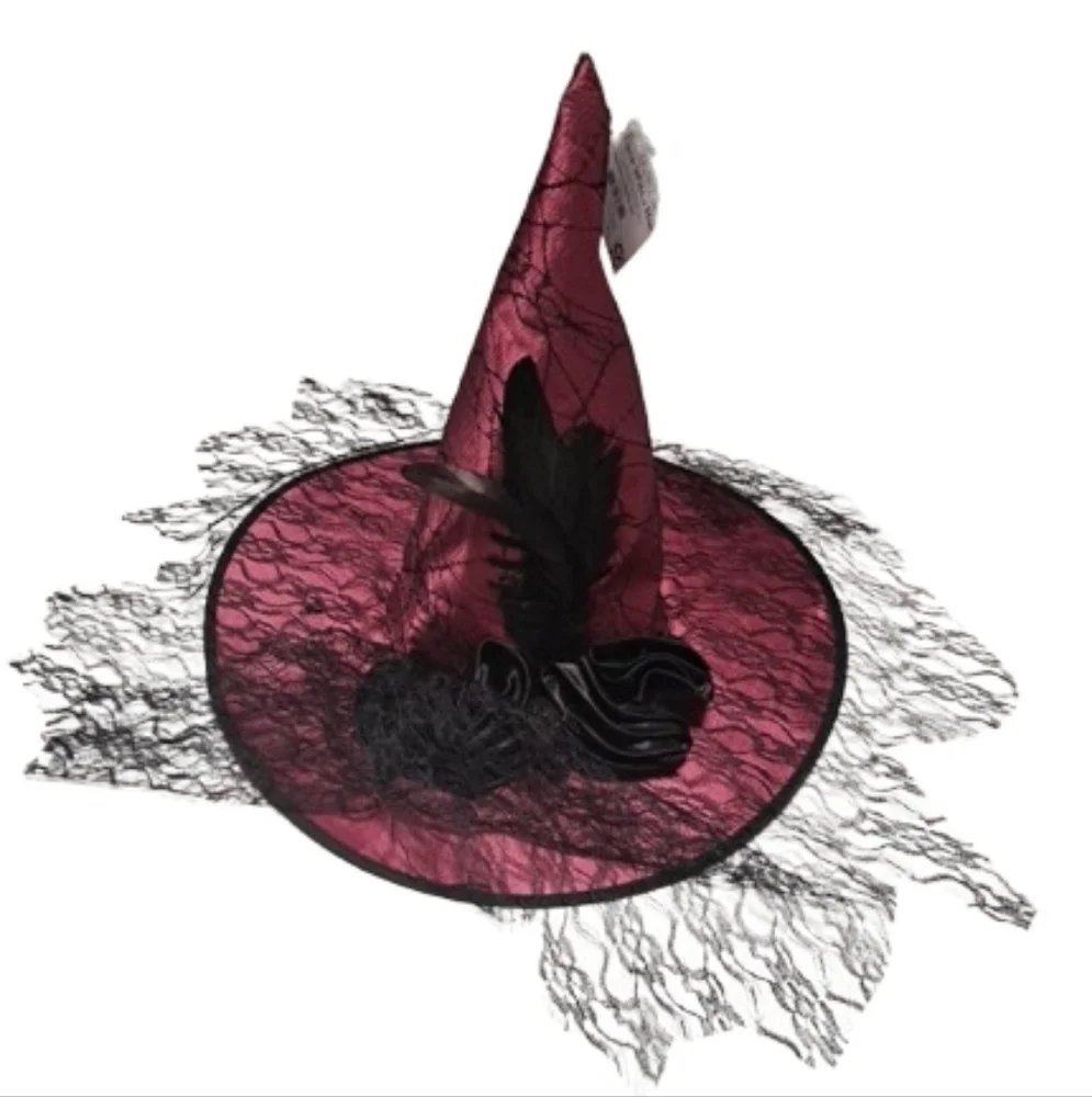 New Witch Hat Wide Brim Feathers Skull Veil Cap One Size Costume Burgundy Black